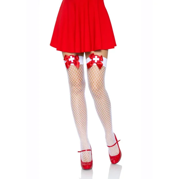 Leg Avenue Industrial Net Thigh High - OS - White/Red