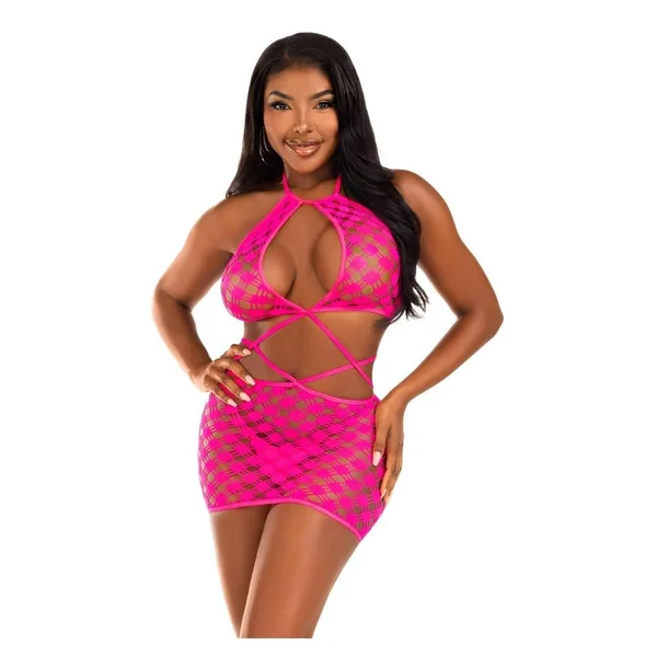 Leg Avenue Keyhole Halter Hardcore Net Mini Dress - O/S - Neon Pink