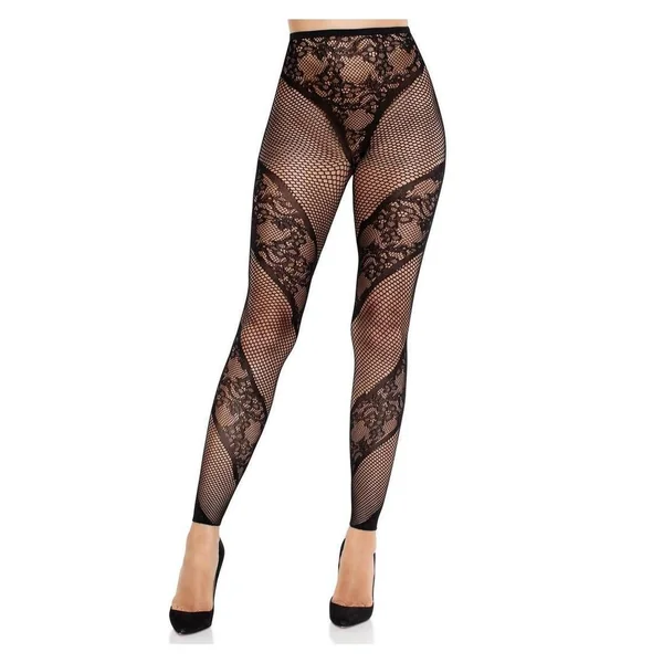 Leg Avenue Lace and Net Illusion Footless Tights - Black - O/S