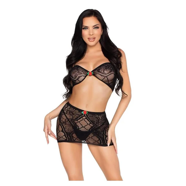 Leg Avenue Lace Bra Top and Mini Skirt with Rosette Accents (2 Piece) - Black - O/S
