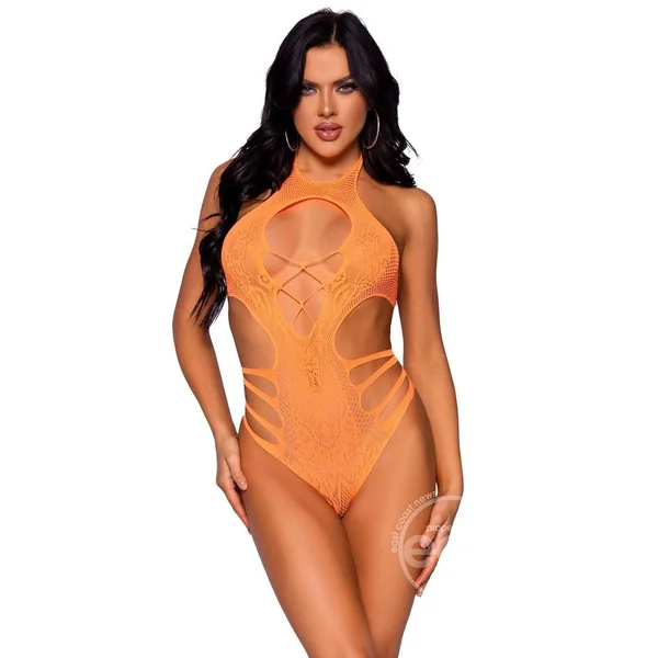 Leg Avenue Lace Cut Out Strappy Bodysuit - O/S - Neon Orange