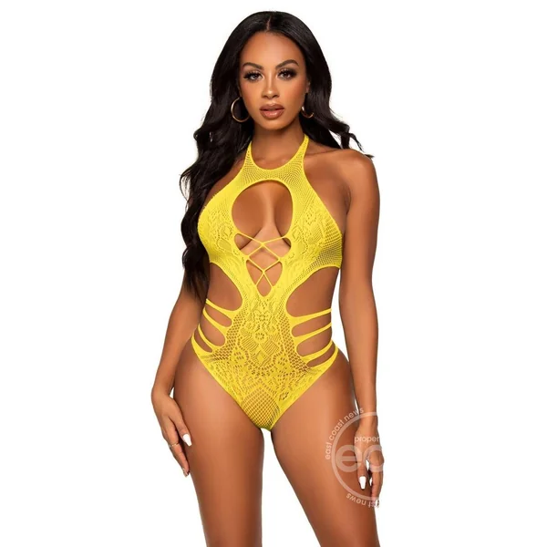 Leg Avenue Lace Cut Out Strappy Bodysuit - O/S - Yellow