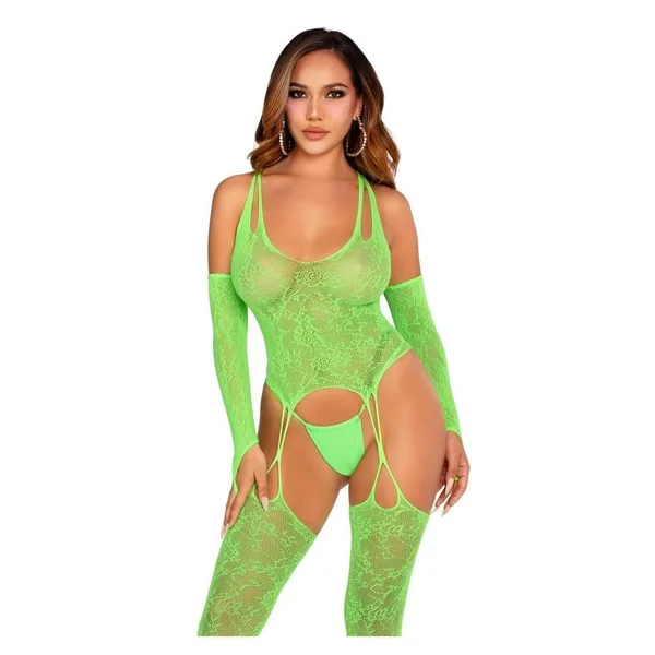 Leg Avenue Lace Halter Footless Cami Garter with Attached Toe Loop Stockings and Arm Warmers (2 Piece) - O/S