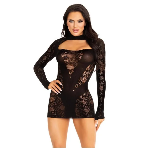 Leg Avenue Lace Keyhole Mini Dress with Opaque Panel Detailing and Gloved sleeves - O/S - Black