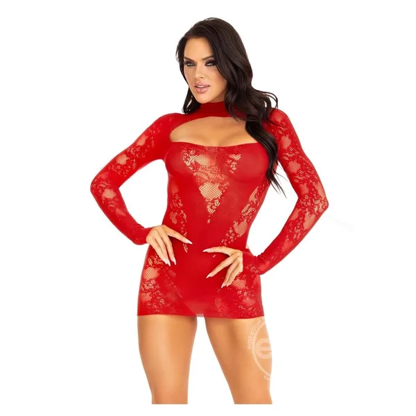 Leg Avenue Lace Keyhole Mini Dress with Opaque Panel Detailing and Gloved sleeves - O/S - Red