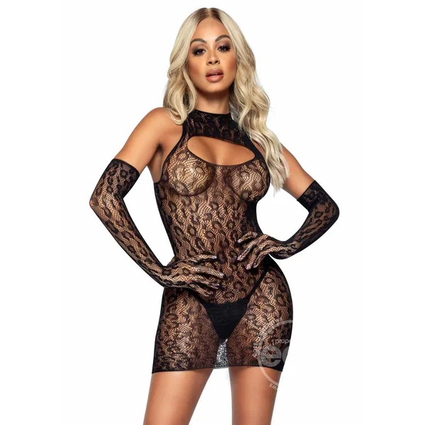 Leg Avenue Leopard Net Keyhole Dress and Matching Gloves (2 pieces) - O/S - Black