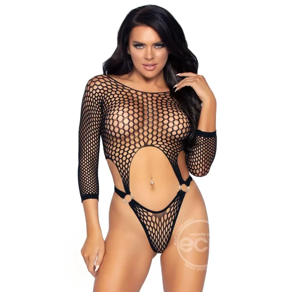 Leg Avenue Long Sleeve Pothole Suspender Top Bodysuit with Thong Back and O-Ring Detail - O/S - Black