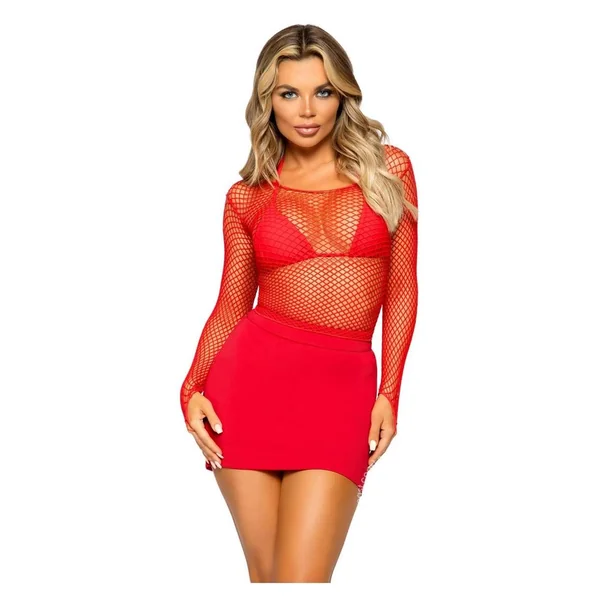 Leg Avenue Lycra Industrial Fishnet Long Sleeve T-Shirt - O/S - Red