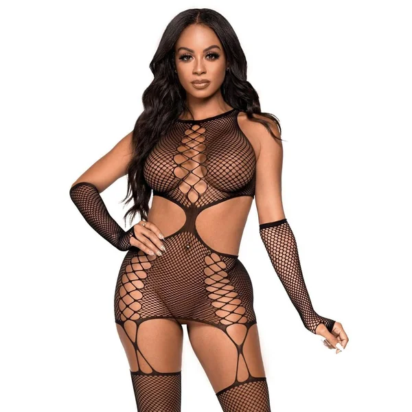 Leg Avenue Net Cut-Out Faux Lace Up Garter Dress with Attached Backseam Stockings and Matching Gloves - OS - Black