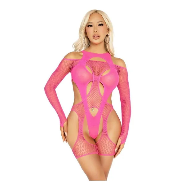 Leg Avenue Off-the-Shoulder Fishnet Garter Harness and Layered Opaque Cut-Out Teddy (2 Piece) - O/S