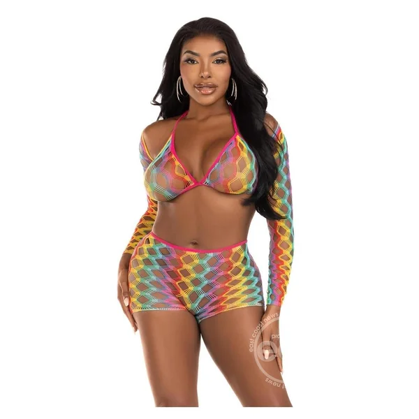 Leg Avenue Rainbow Hardcore Net Bra Top, Shrug, and Boy Shorts (3 Piece) - O/S - Multicolor