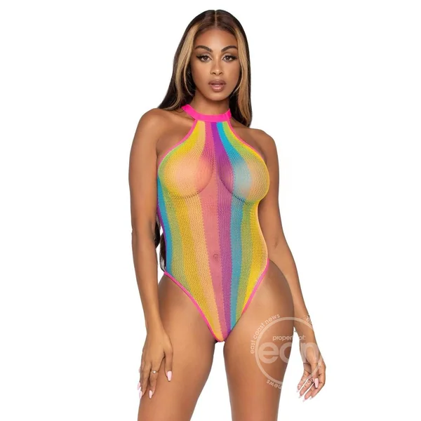 Leg Avenue Rainbow Striped Net Halter Bodysuit with Snap Crotch - Multicolor