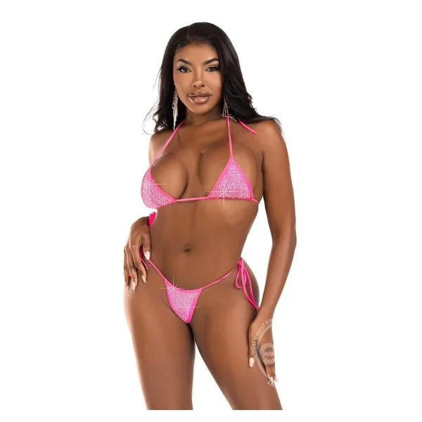 Leg Avenue Rhinestone Bikini Top and Side Tie Thong Panty (2 Piece) - O/S - Pink