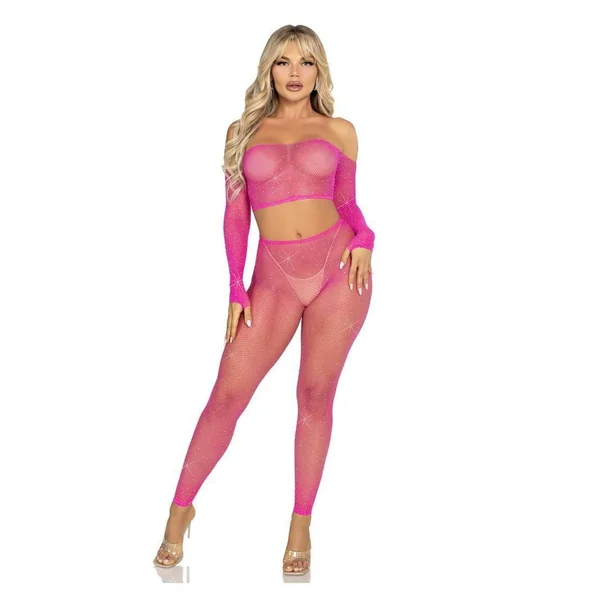 Leg Avenue Rhinestone Fishnet Crop Top and Footless Tights - Neon Pink - O/S