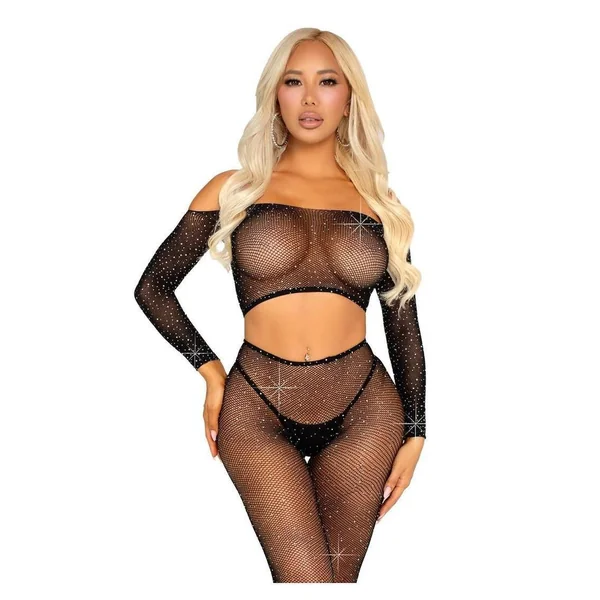 Leg Avenue Rhinestone Fishnet Crop Top and Footless Tights -O/S