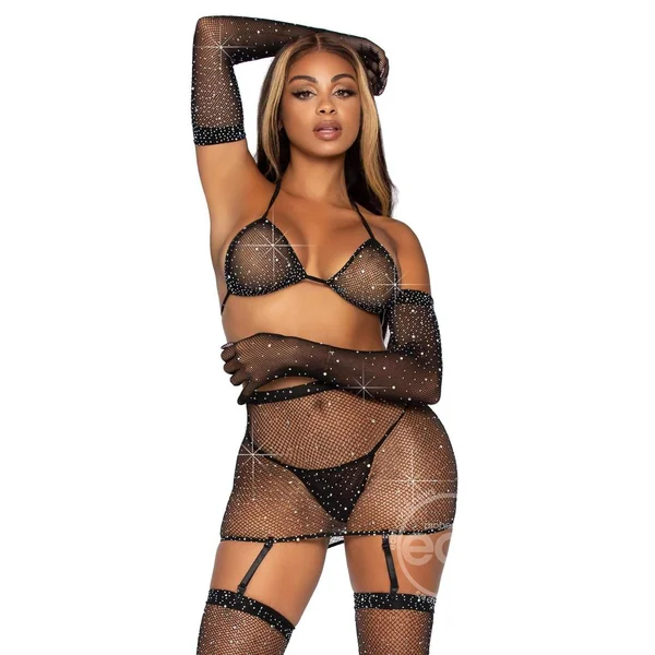 Leg Avenue Rhinestone Fishnet Garter Skirt Set with Bikini Top, G-String, Gloves and Matching Stockings (5 piece) - O/S - Black