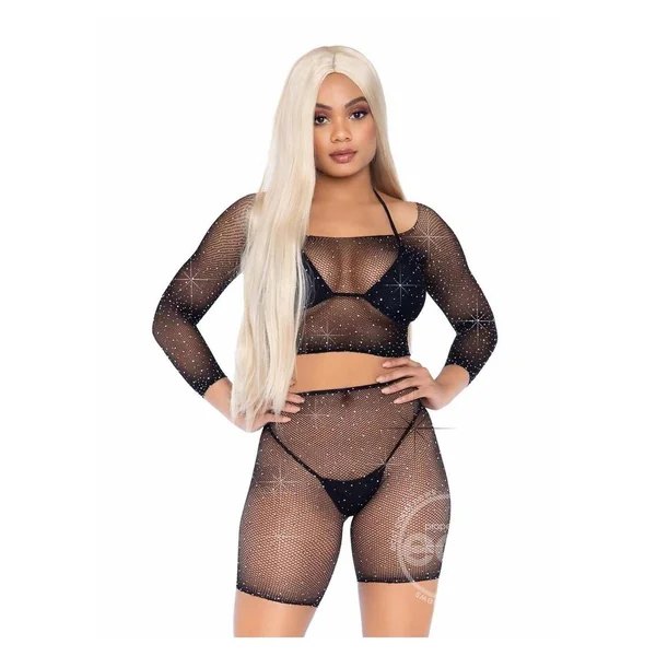 Leg Avenue Rhinestone fishnet long sleeve crop top and biker shorts (2 Piece) - O/S - Black