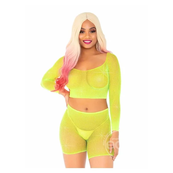 Leg Avenue Rhinestone fishnet long sleeve crop top and biker shorts (2 Piece) - O/S - Yellow