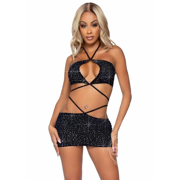 Leg Avenue Rhinestone Keyhole Bandeau Top and Low Rise Skirt with Waist Strap Detail (2 pieces) - Small - Black