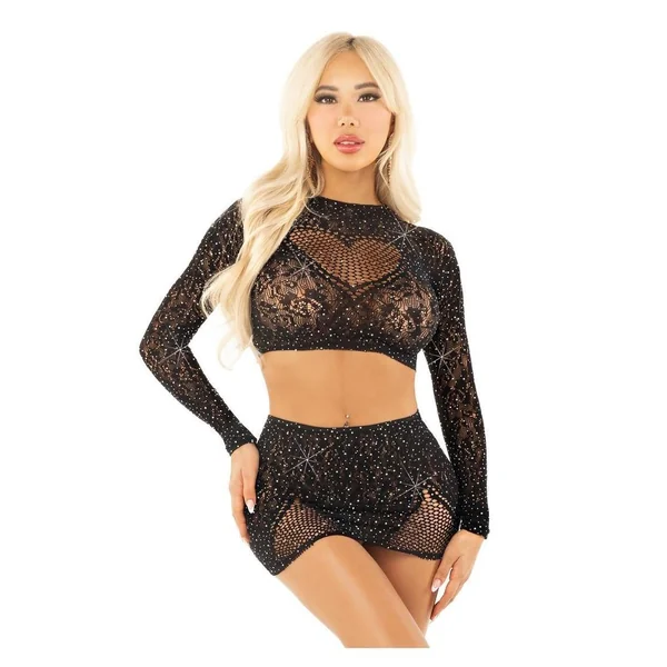 Leg Avenue Rhinestone Lace and Net Crop Top (2 Piece) - OS - Black