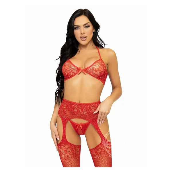 Leg Avenue Rhinestone Lace Bra Top, G-String, and Fishnet Garter Belt Stocking (3 Piece) - O/S - Red