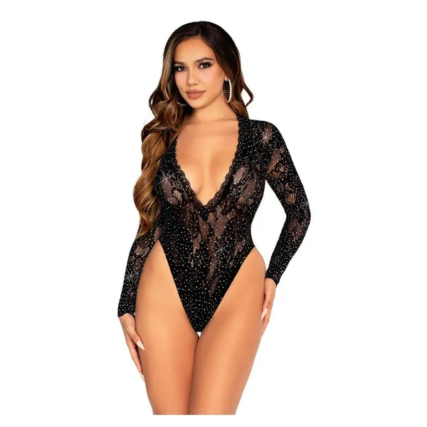 Leg Avenue Rhinestone Lace Deep-V High Cut Bodysuit - OS - Black