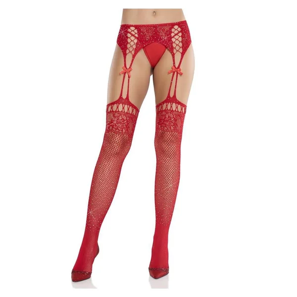 Leg Avenue Rhinestone Lace Top Fishnet Stockings with Attached Garter Belt