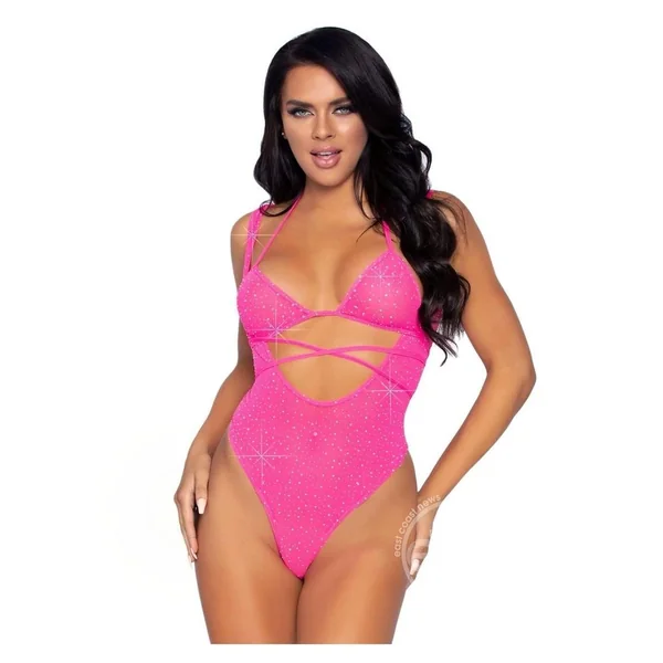 Leg Avenue Rhinestone Mesh Wrap Around Bikini Top and Suspender Bodysuit (2 Piece) - O/S - Pink