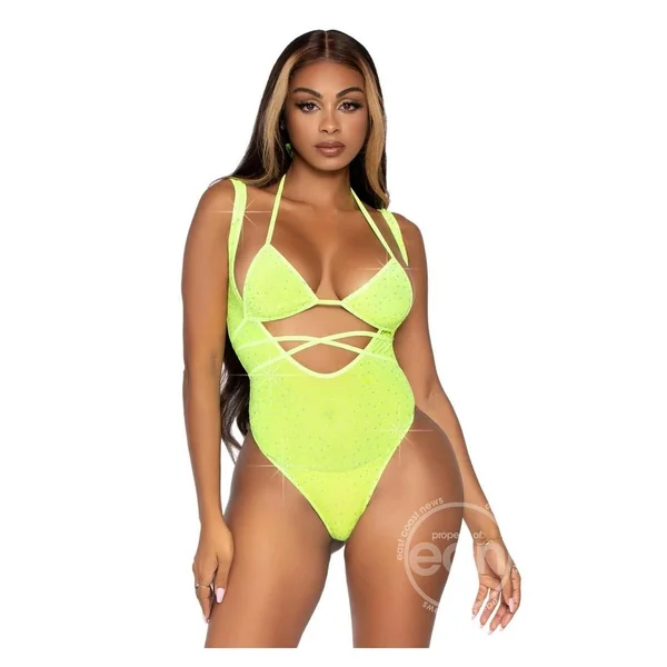 Leg Avenue Rhinestone Mesh Wrap Around Bikini Top and Suspender Bodysuit (2 Piece) - O/S - Yellow