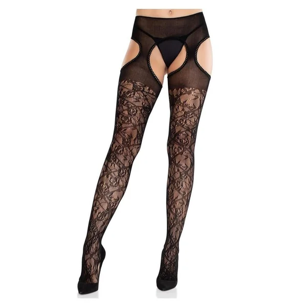 Leg Avenue Scalloped Trimmed Cross Hatch Floral Lace Suspender Hose - Black - O/S