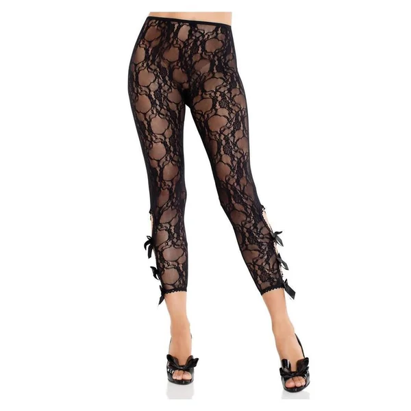 Leg Avenue Scalloped Trimmed Floral Lace Footless Capri Tights with Keyhole Bow Detail - O/S