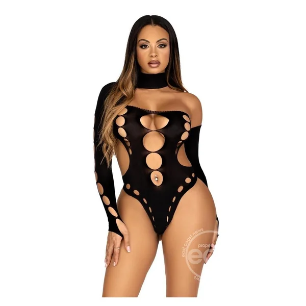 Leg Avenue Seamless Asymmetrical Cut Out Thong Back Bodysuit - O/S - Black