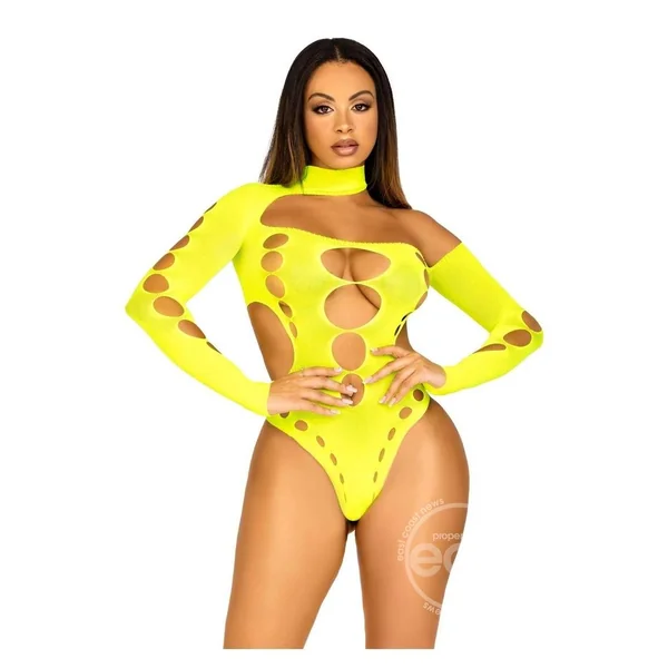 Leg Avenue Seamless Asymmetrical Cut Out Thong Back Bodysuit - O/S - Neon Yellow