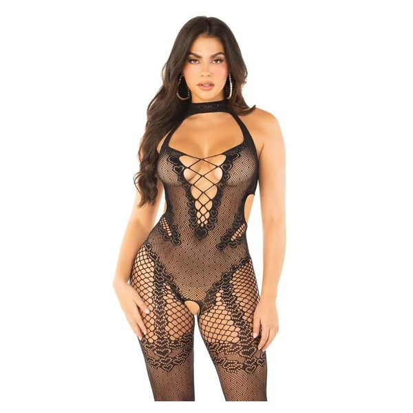 Leg Avenue Seamless Dotted Net Crotchless Lingerie Jumpsuit with Heart Detail - OS - Black