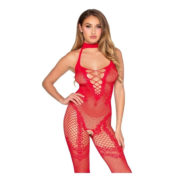 Leg Avenue Seamless Dotted Net Crotchless Lingerie Jumpsuit with Heart Detail - Red - O/S