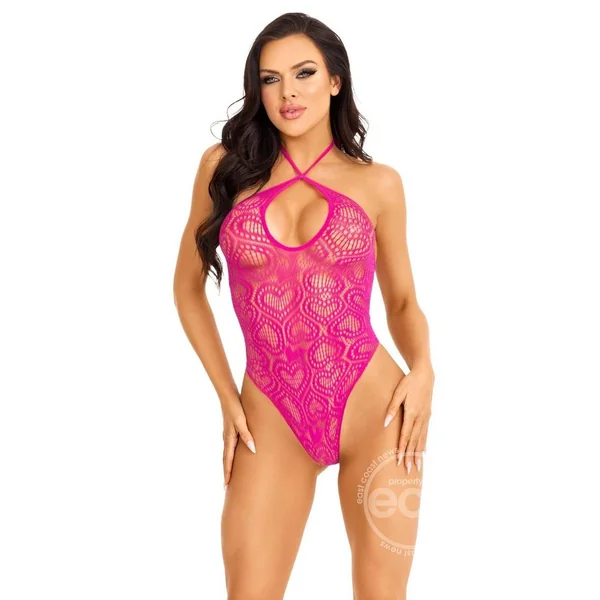 Leg Avenue Seamless Heart Net Keyhole Halter Teddy - O/S - Magenta