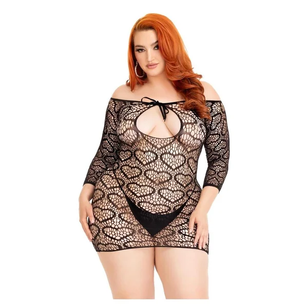 Leg Avenue Seamless Heart Net Mini Dress with Keyhole Tie Front 1x/2x