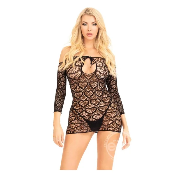 Leg Avenue Seamless Heart Net Mini Dress with Keyhole Tie Front - O/S - Black