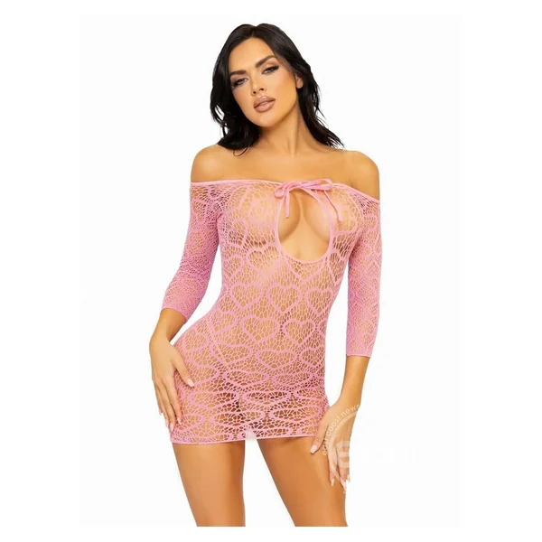 Leg Avenue Seamless Heart Net Mini Dress with Keyhole Tie Front - O/S - Pink