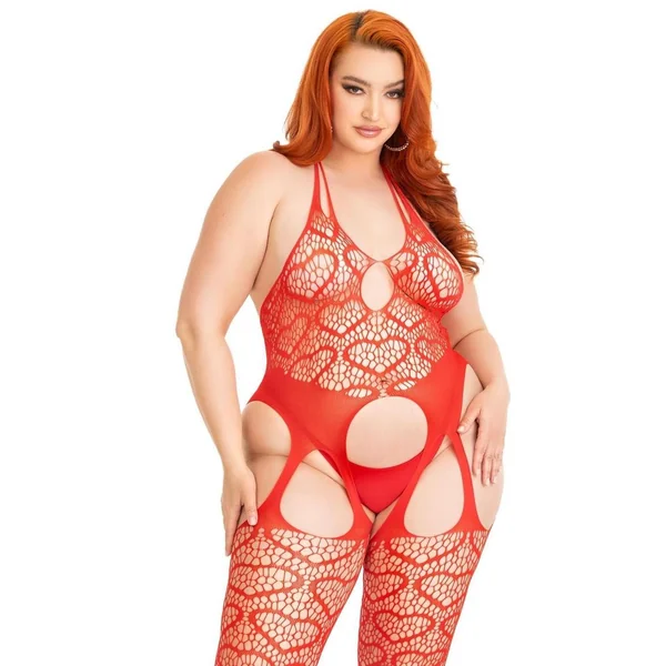 Leg Avenue Seamless Heart Net Suspender Bodystocking - 1X/2X