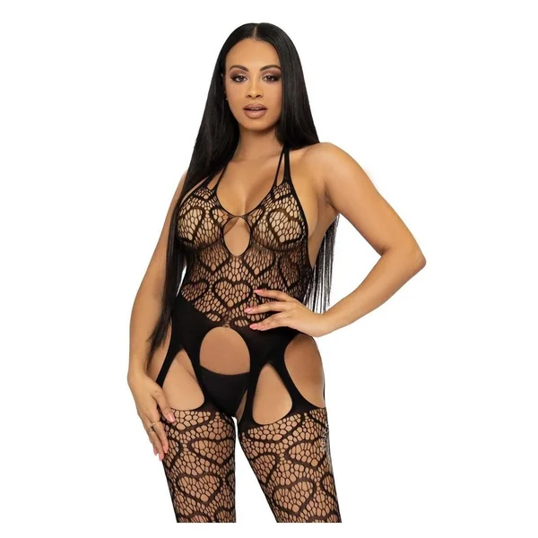 Leg Avenue Seamless Heart Net Suspender Bodystocking - O/S - Black