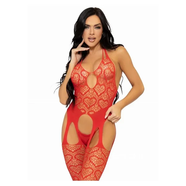 Leg Avenue Seamless Heart Net Suspender Bodystocking - O/S - Red