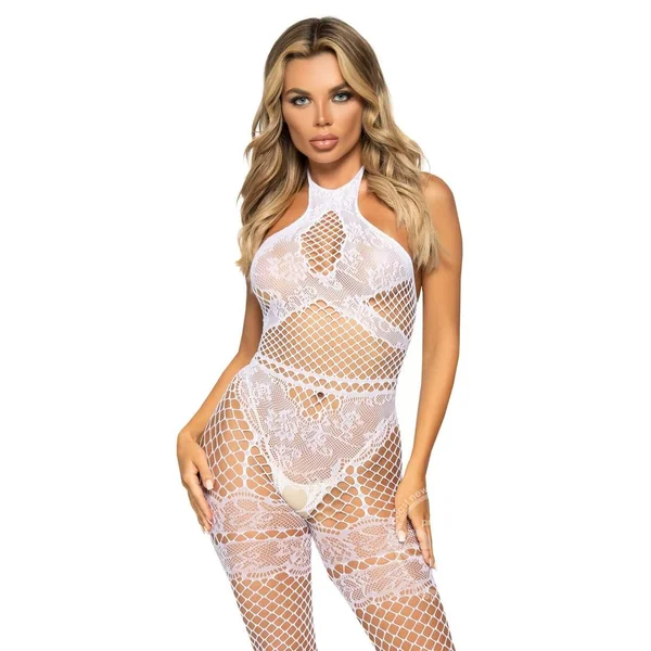 Leg Avenue Seamless Industrial Net Halter Bodystocking with Faux Lace Lingerie Detail - O/S - White