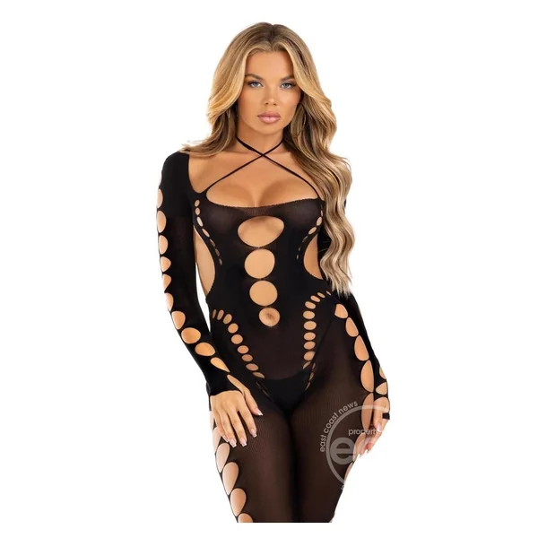Leg Avenue Seamless Opaque Cut-Out Footless Bodystocking - O/S - Black