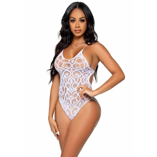 Leg Avenue Seamless Scroll Lace with Nearly Naked Strappy Back - O/S - White