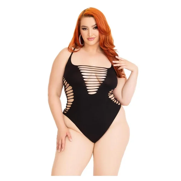 Leg Avenue Seamless Shredded Racer Back Thong Bodysuit - 1X/2X - Black