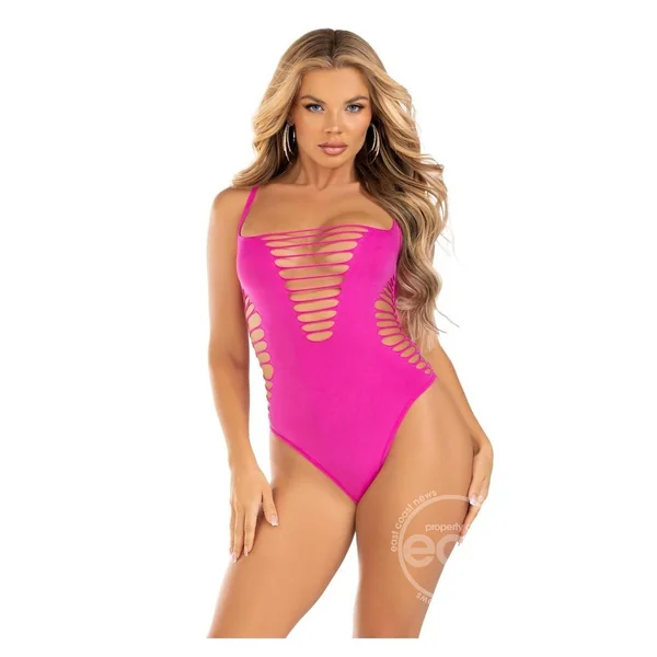 Leg Avenue Seamless Shredded Racer Back Thong Bodysuit - O/S - Magenta
