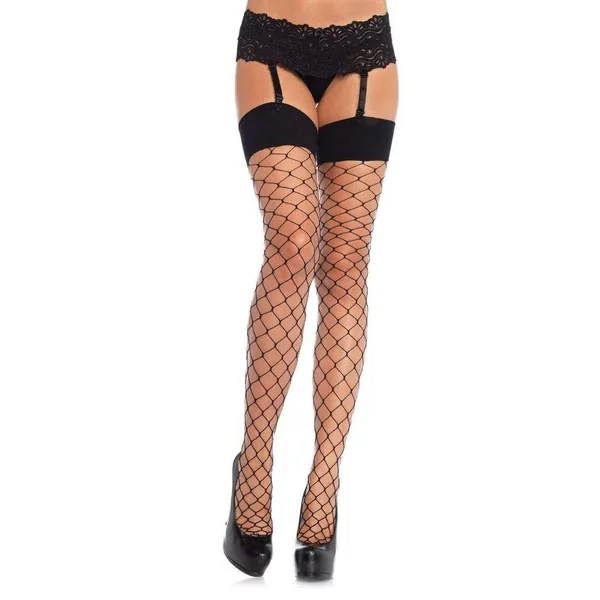 Leg Avenue Spandex Fence Net Stockings with Reinforced Toe and Comfort Wide Band Top - Black