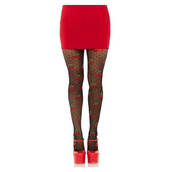 Leg Avenue Spandex Sheer Polka Dot Cherry Tights - OS - Black