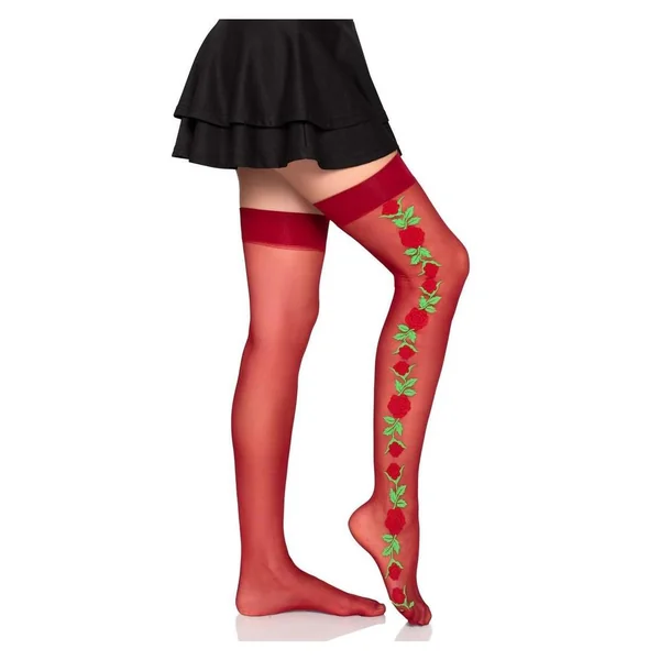 Leg Avenue Spandex Sheer Thigh Highs with Embroidered Rose Side Detail - Red - O/S